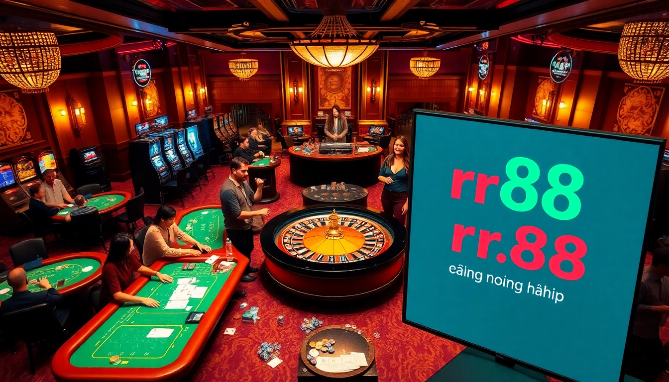 Experience the thrill of rr88 đăng nhập as players engage at vibrant casino tables filled with chips and cards.