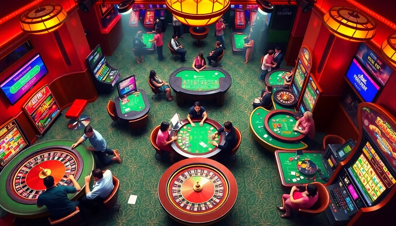 Experience the thrill of winning with 918kiss in an exciting online casino scene showcasing vibrant card games and slot machines.