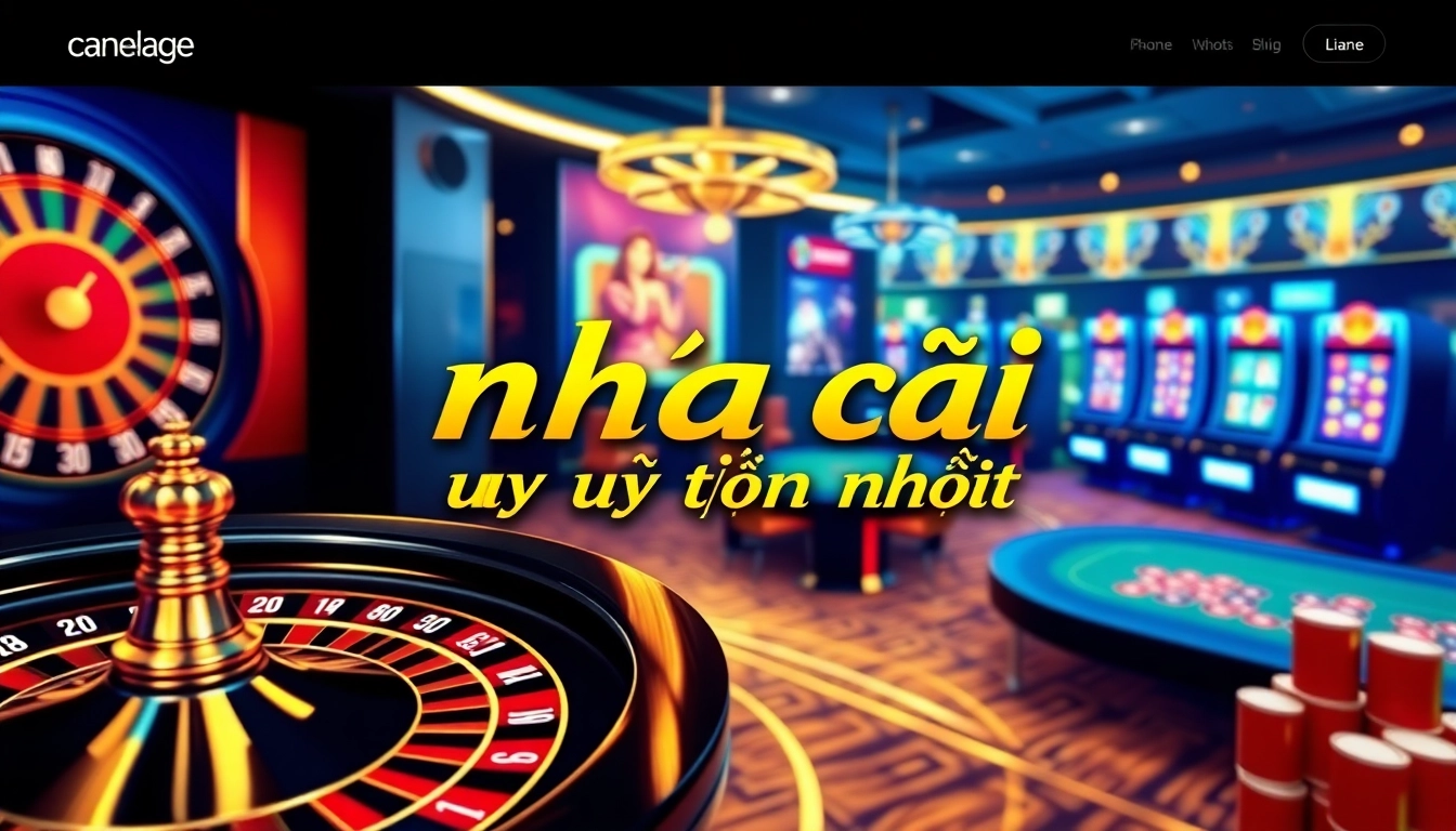 Explore nhà cái uy tín nhất with our sleek online gambling website interface, featuring digital roulette and poker tables.