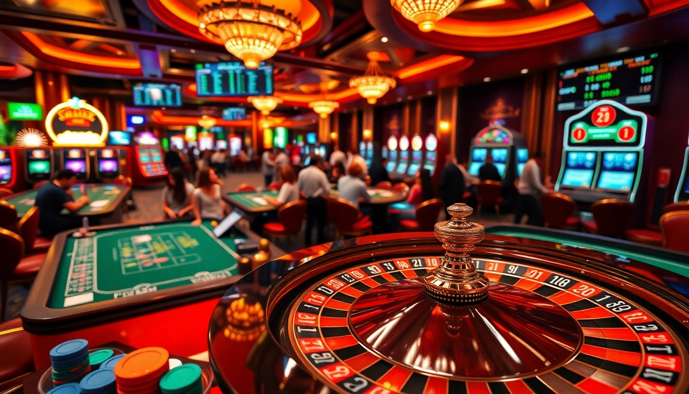 The vibrant 토토 커뮤니티 showcases gamblers engaging around a roulette wheel and poker tables in an exciting casino atmosphere.