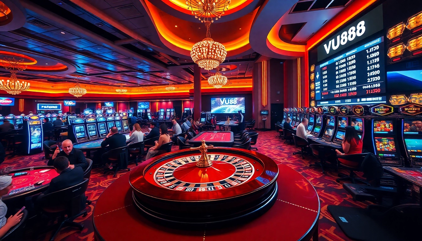 VU88 casino scene showcasing players at a roulette wheel and poker table, capturing the thrill of gambling.