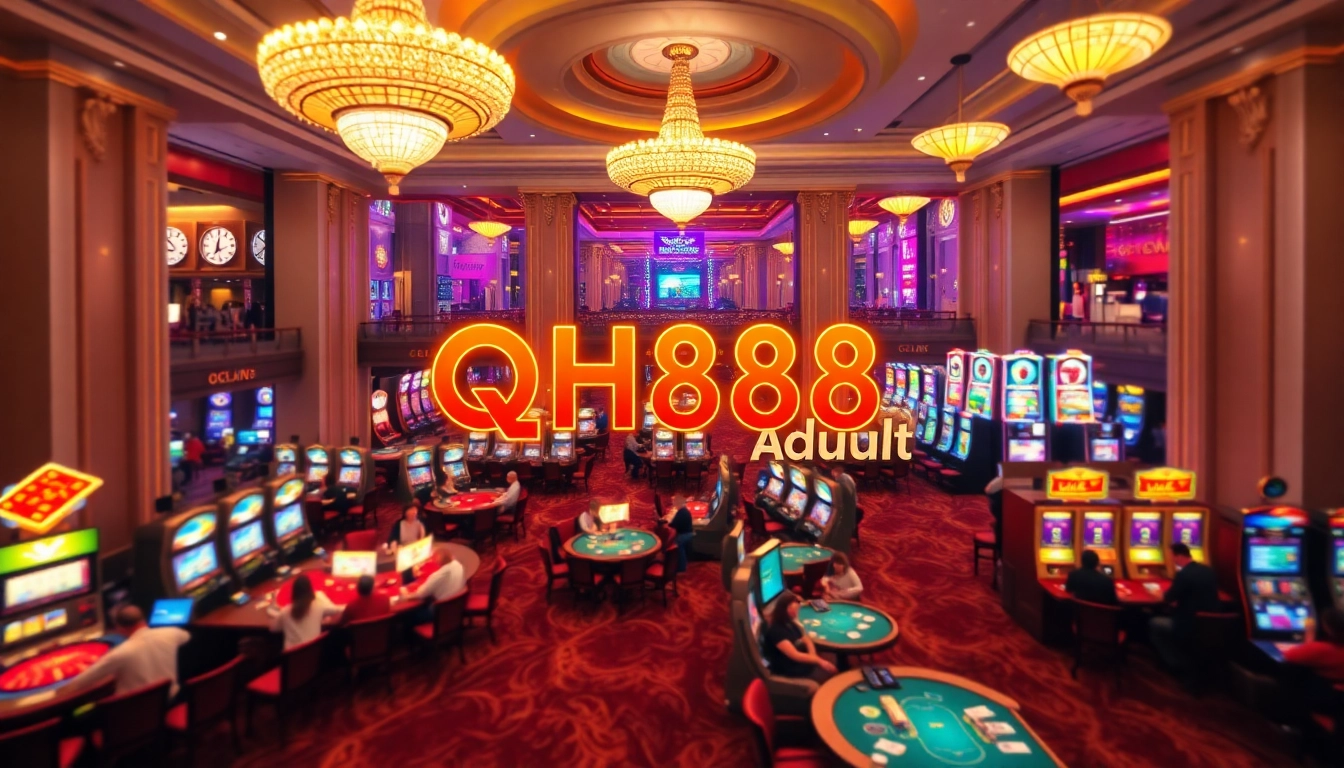 Experience the excitement at qh88.adult with lively players enjoying table games and slot machines in a luxurious casino setting.