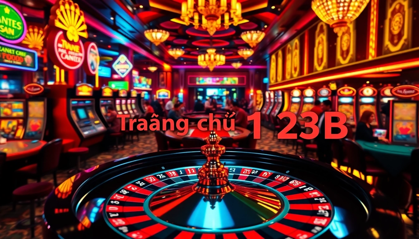 Experience the thrill of gambling at Trang chủ 123B's dynamic casino, featuring vibrant slot machines and active poker tables.