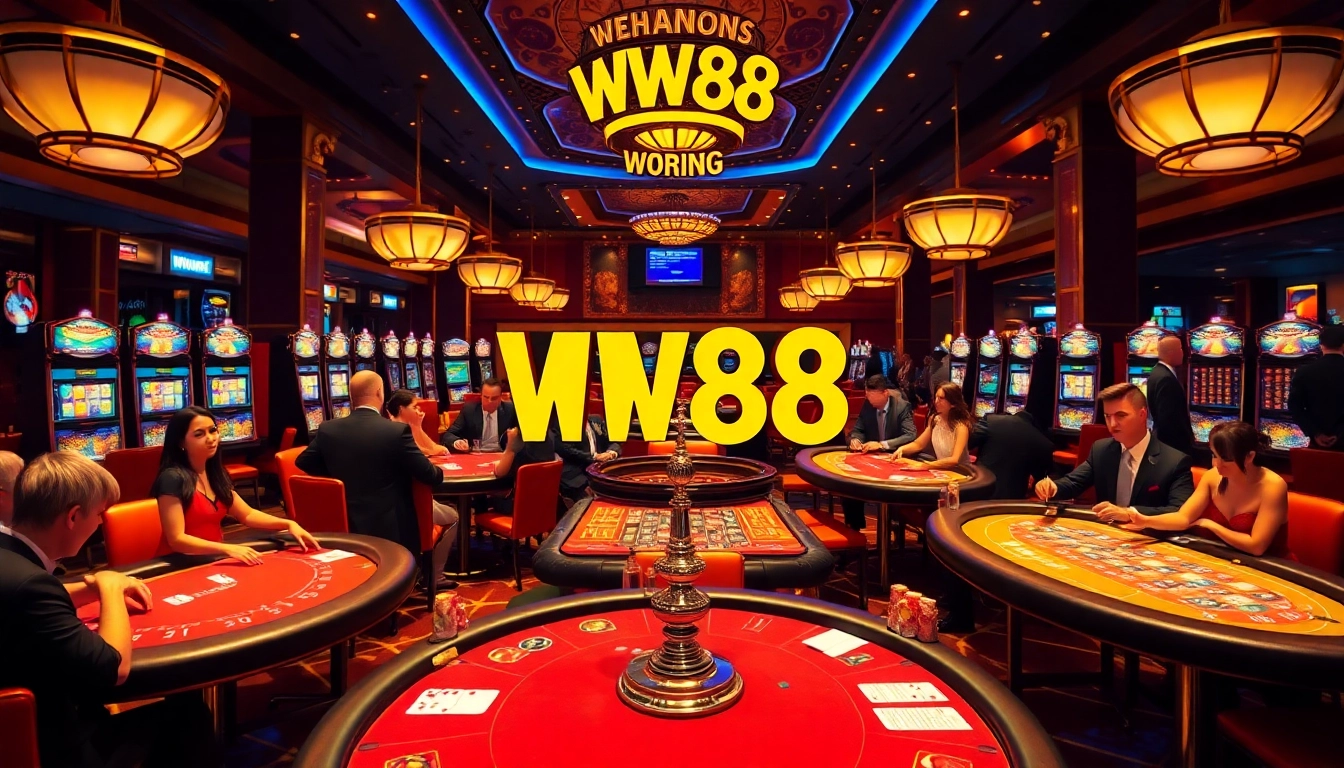 WW88 casino lively gaming floor showcasing roulette and poker tables.