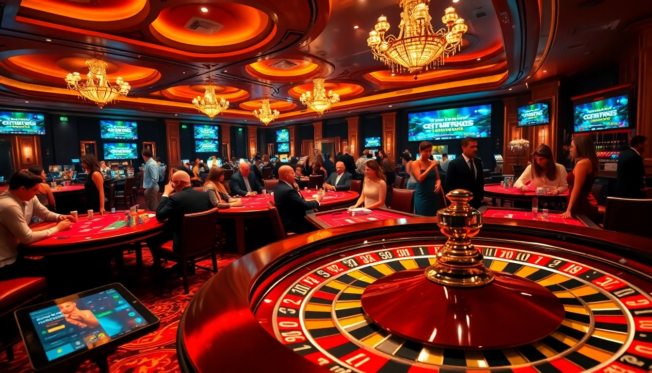 A lively casino atmosphere featuring players at poker tables and roulette, showcasing deneme bonusu veren siteler with excitement.