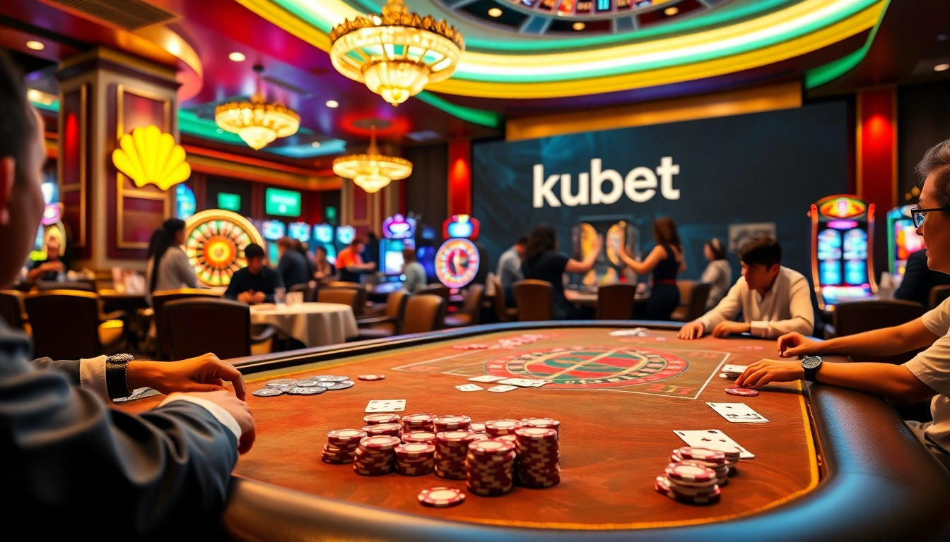Kubet casino scene featuring intense poker gameplay alongside engaging slot machines.