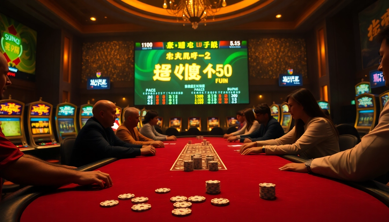 Experience the thrill of "bong da lu fun" at an exciting blackjack table, adorned with vibrant slot machines and lively players.