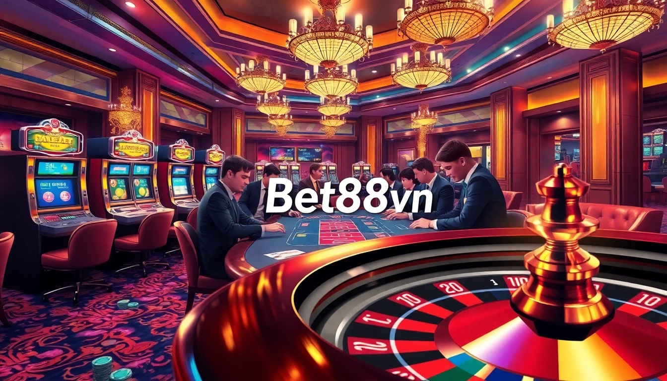 Bet88vn captures the thrill of high-stakes poker players engaged at a luxurious casino table.