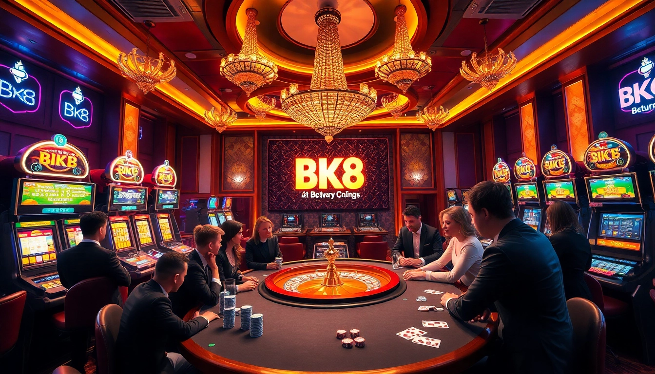 Experience the lively BK8 casino environment with players enjoying poker, roulette, and slot machines amidst stunning decor and vibrant lighting.