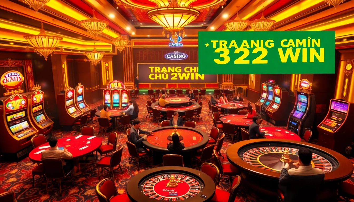 Engage with TRANG CHỦ 32WIN at a vibrant casino, showcasing intense poker games and flashing slot machines.