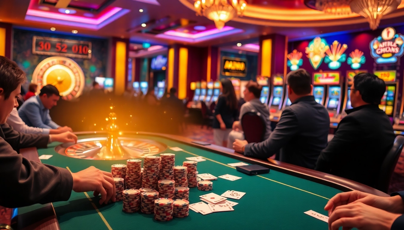 Engaged players at a poker table in Nhà cái uy tín casino setting showcasing excitement.