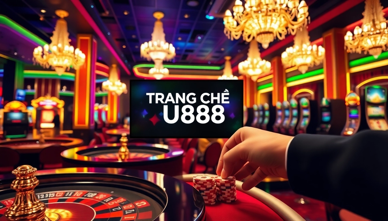 Explore the excitement at TRANG CHỦ U888 with players at a vibrant poker table, chips in hand, in a luxurious casino setting.