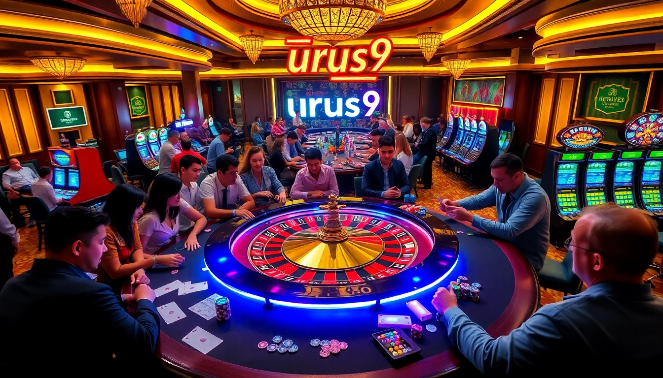 Experience thrill at the casino with urus9 as players engage at a roulette table adorned with vibrant lights and chips.
