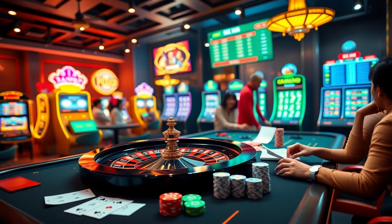 Engage in thrilling gameplay with 'kèo nhà cái' showcased on modern virtual casino interfaces, poker chips, and roulette.