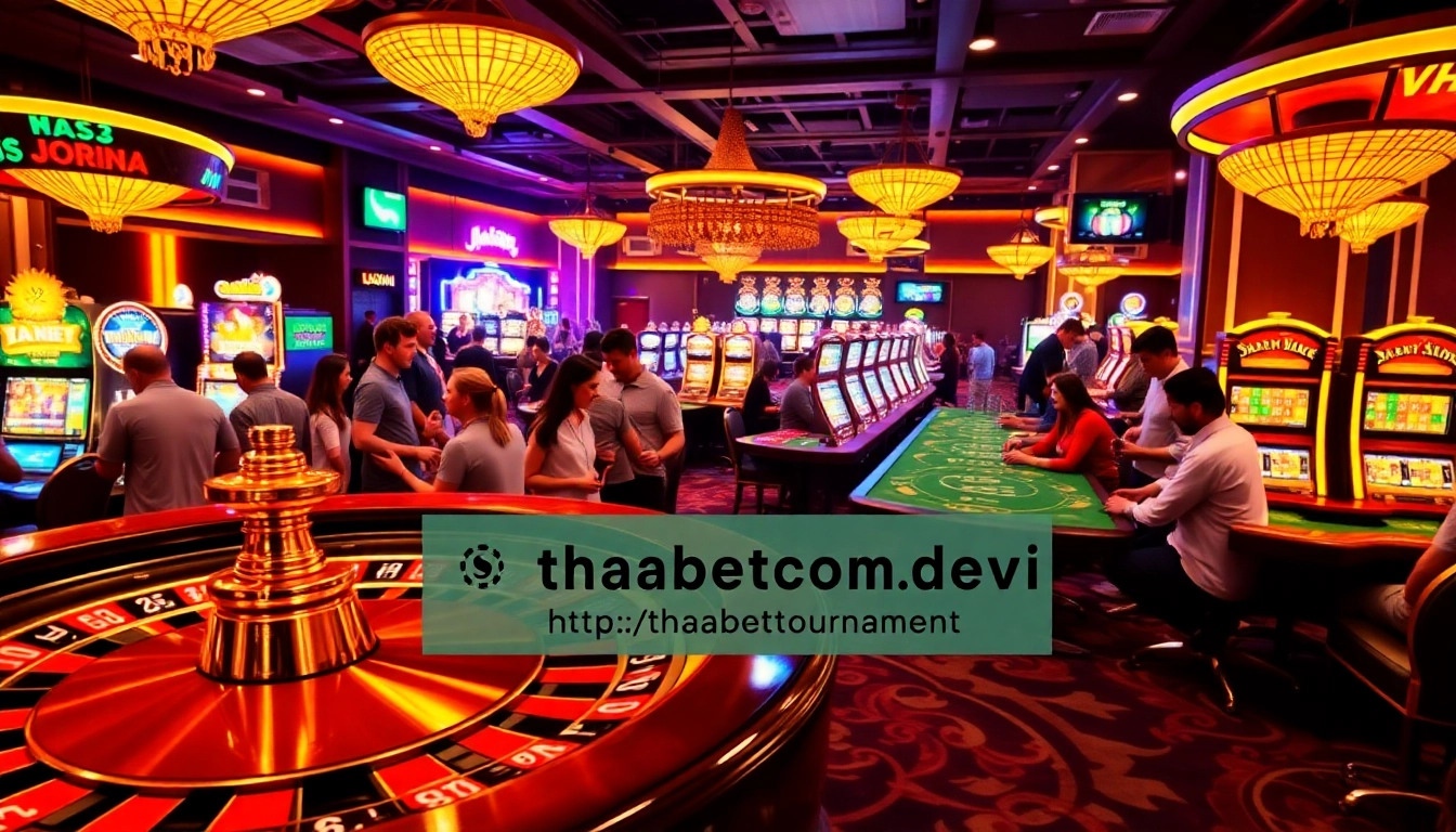 The exciting atmosphere at casinos showcased with players betting at roulette and slots on https://thabetcom.dev/.