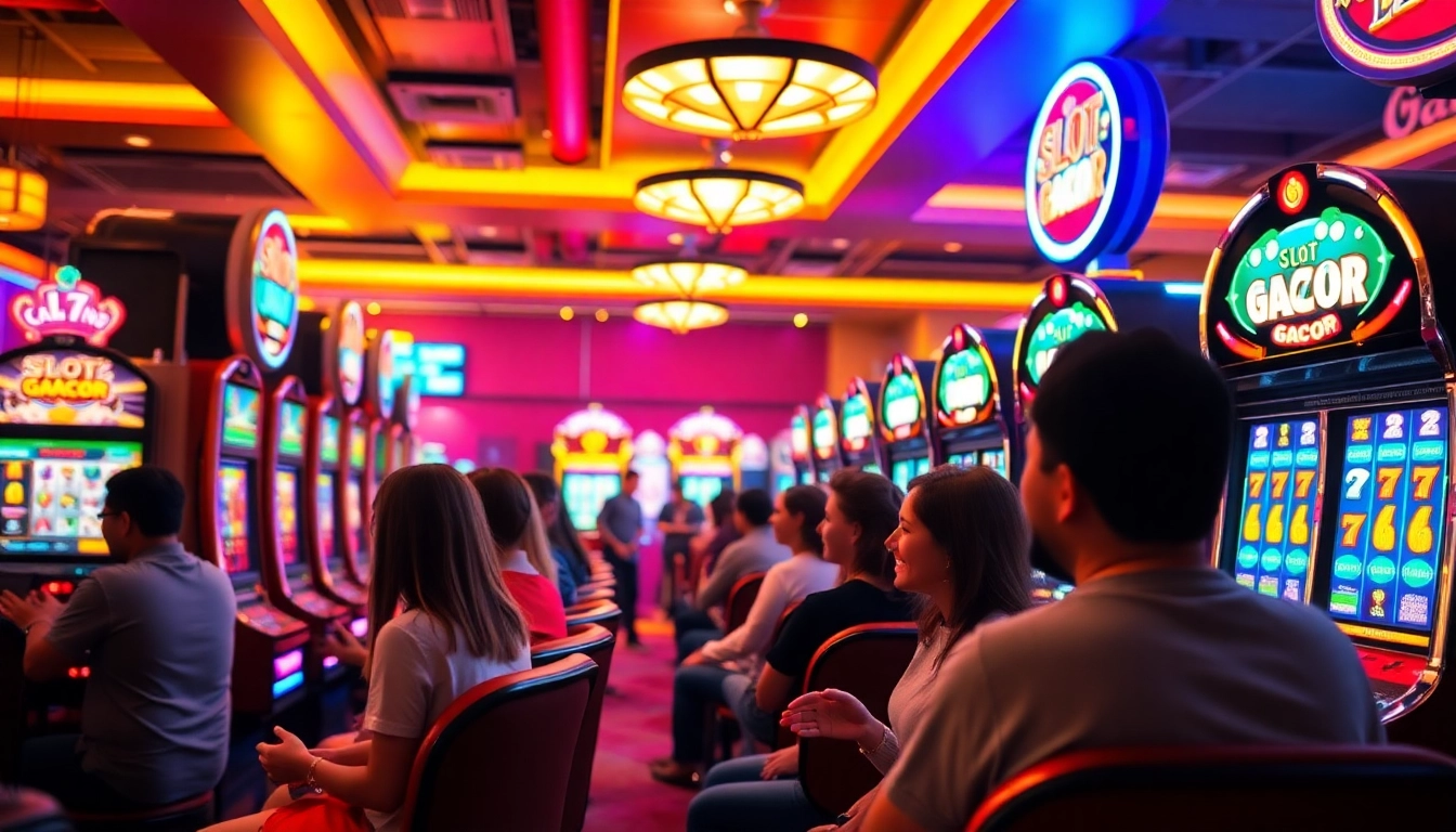 Players celebrating wins at vibrant Slot gacor machines in an online casino setting.