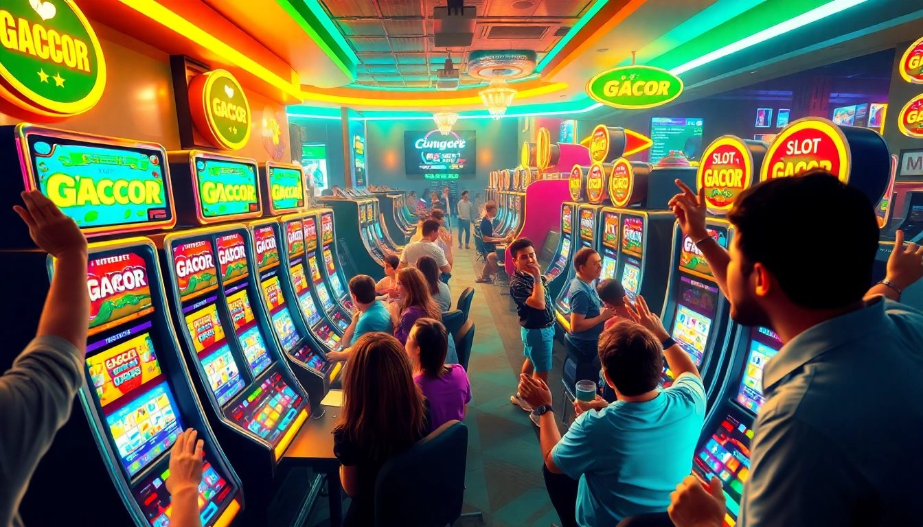 Exciting scene showcasing players enjoying "slot gacor" machines in a vibrant online casino atmosphere.