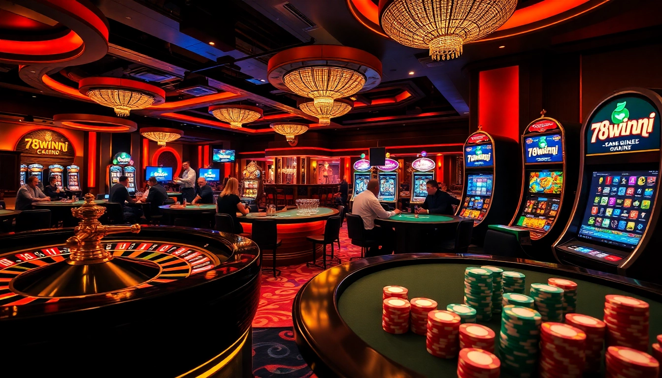 Experience the thrill of casino gaming at 78winni net with players at vibrant tables amidst luxurious ambiance.