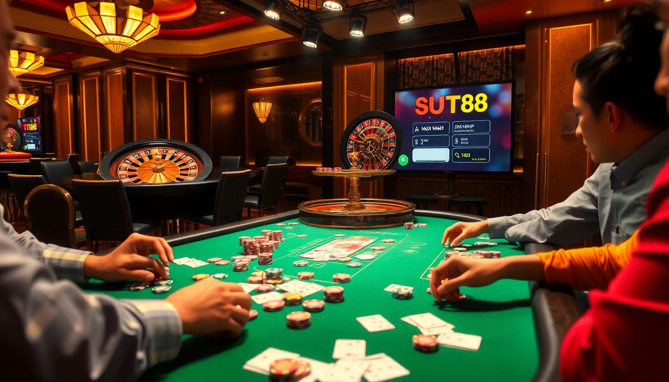 Experience the excitement of SUT88 ĐĂNG NHẬP at a high-stakes poker table, where strategic moves and poker chips collide in the vibrant casino atmosphere.